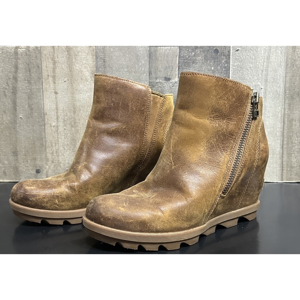 Sorel Joan of Arctic Wedge II Zip Ankle Boots Women's Brown Leather Comfort 7